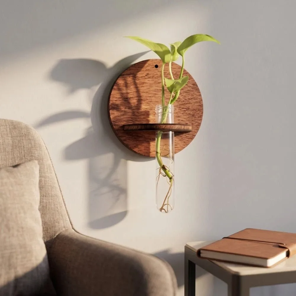 Minimalist Wooden Hydroponic Planter Shelf Home Ornaments Vase Planter Holder Round Retro Flower Pot Indoor Garden