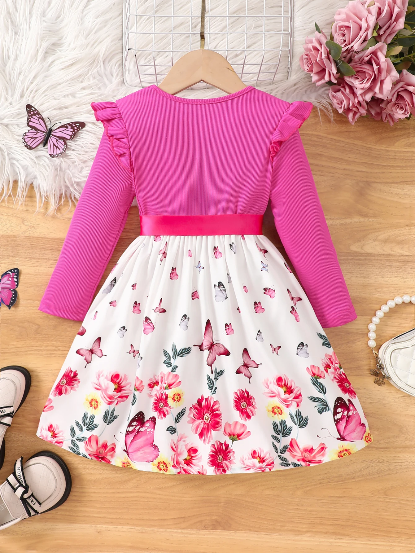 Girls' Knitted Ribbed Long-Sleeve Flutter-Sleeve Ruffle Faux Placket Front-Button Butterfly Floral Print Dress Holiday Party Gift with Ribbon