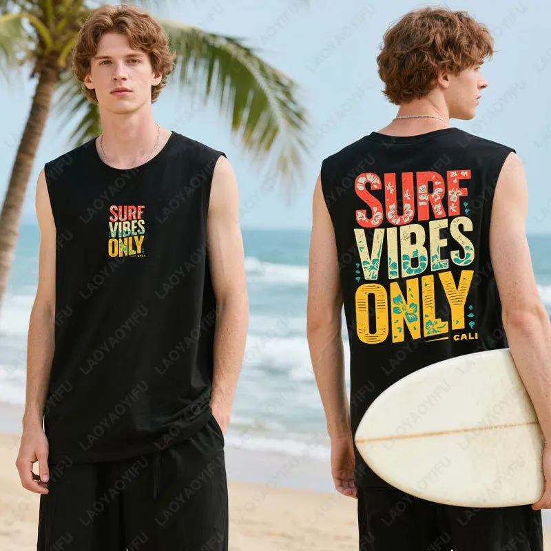 

Забавные топы на бретелях с принтом SURF VIBES ONLY, подарок для пляжного любовника, летний хлопковый повседневный жилет, модный мужской жилет с рисунком «Спасите океанский кит»