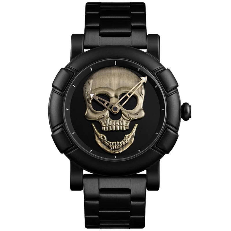 Black Gold Dial Quartz Watch Men 3D Skull Head Pattern Stainless Steel Steampunk Rock Engraved Cool Mexico Man Male Reloj Hombre