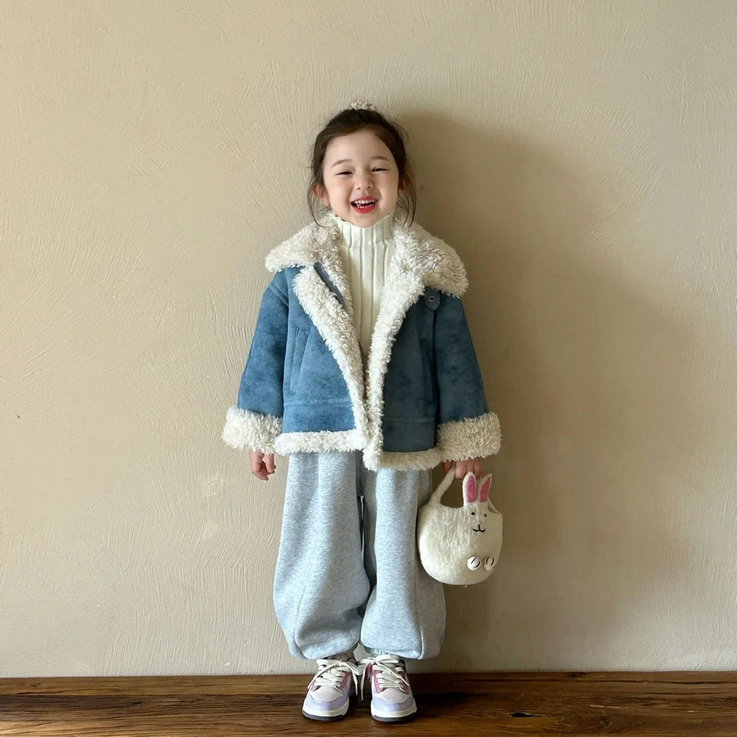 Girls Coat 2024 Winter New Childrens Clothes Korean Style Girls Baby Inside Lamb Wool Denim Coat Casual Simple and Daily