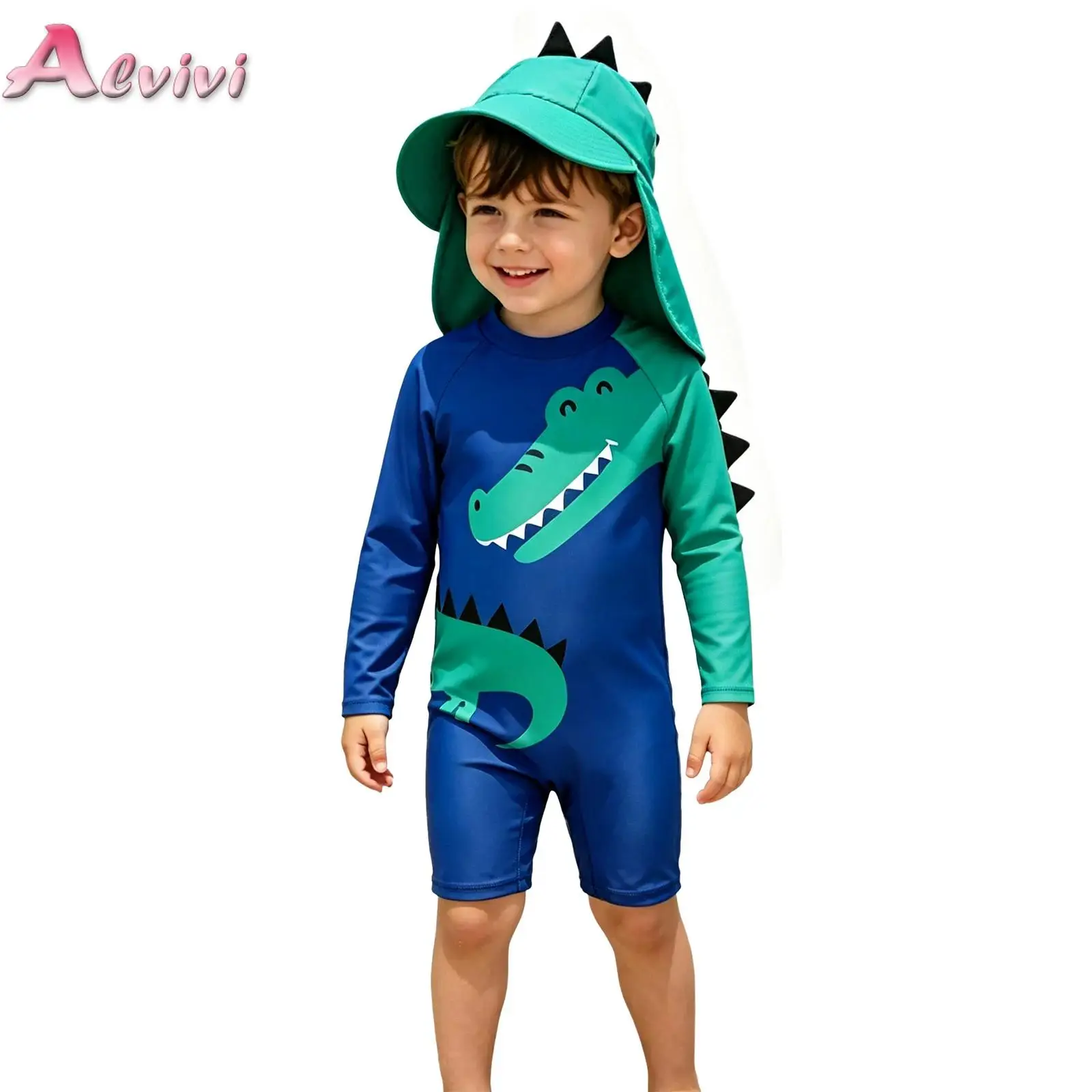6M-3Y Baby Toddler Boys Long Sleeve Back Zipper Dinosaur-patterned One-piece Swimwear with Hat for Beach Pool Hot Spring