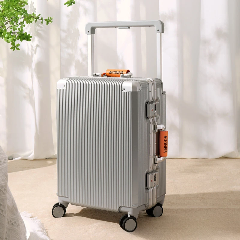 Aluminum Frame Luggage with Large Capacity Vintage Travel Suitcase with Wide and Leather Handle Mute Wheel Trolley Boarding Box