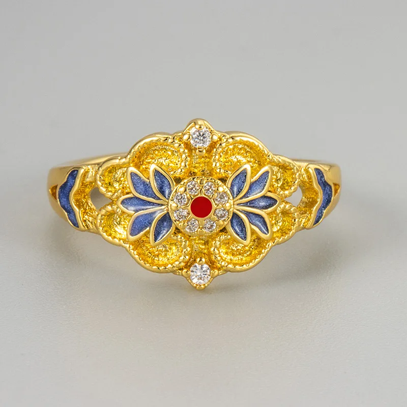 925 Sterling Silver Adjustable New Chinese Enamel Ring Retro Court Style Exquisite Index Finger Ring For Women Fashion Jewelry