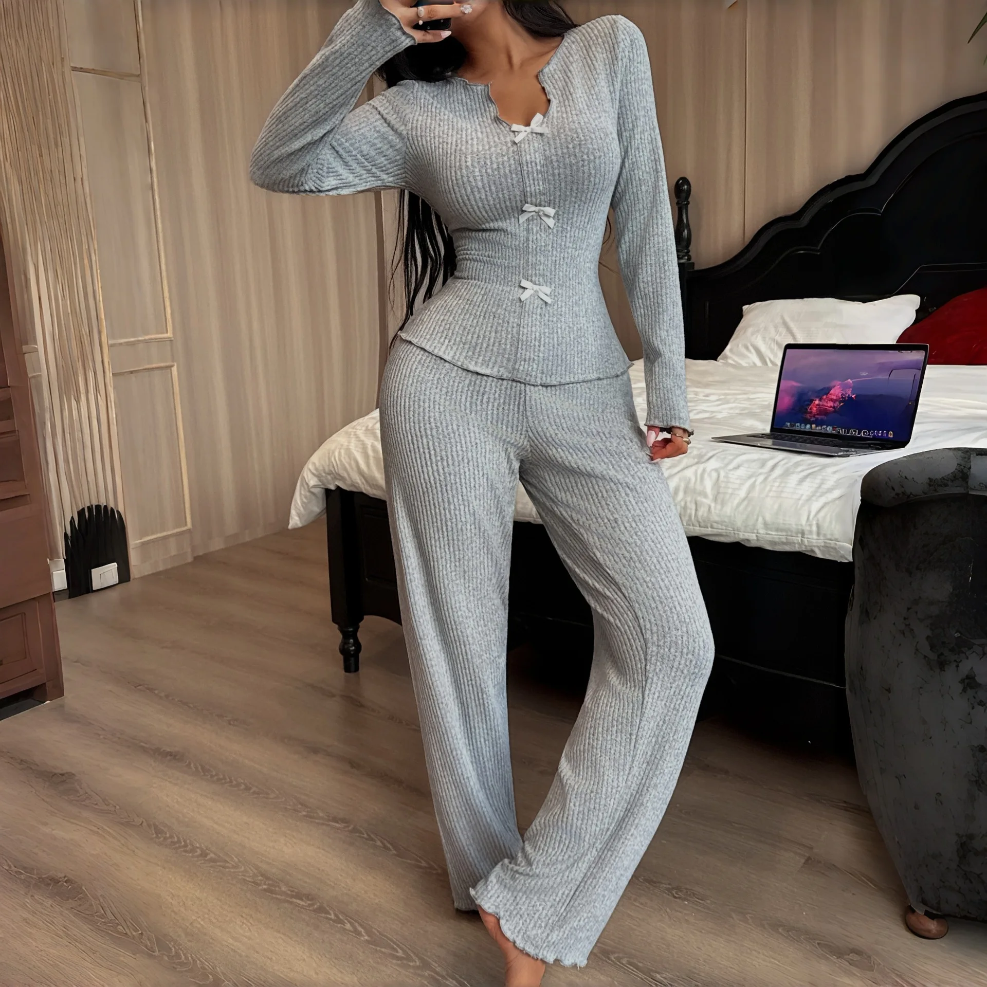 

Women Spring Summer Casual Pajamas Set Long Sleeve V-neck Solid Knit Tops + Pants Loose Sleepwear Homewear Female Loungewear