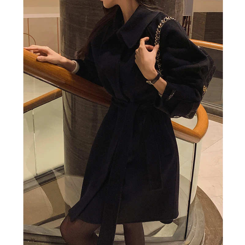 

Women's Chic Woolen Coat Belted Waist Slimming Vintage Simple Sle Long Sve Collar Color Autumn Winter Outerwear
