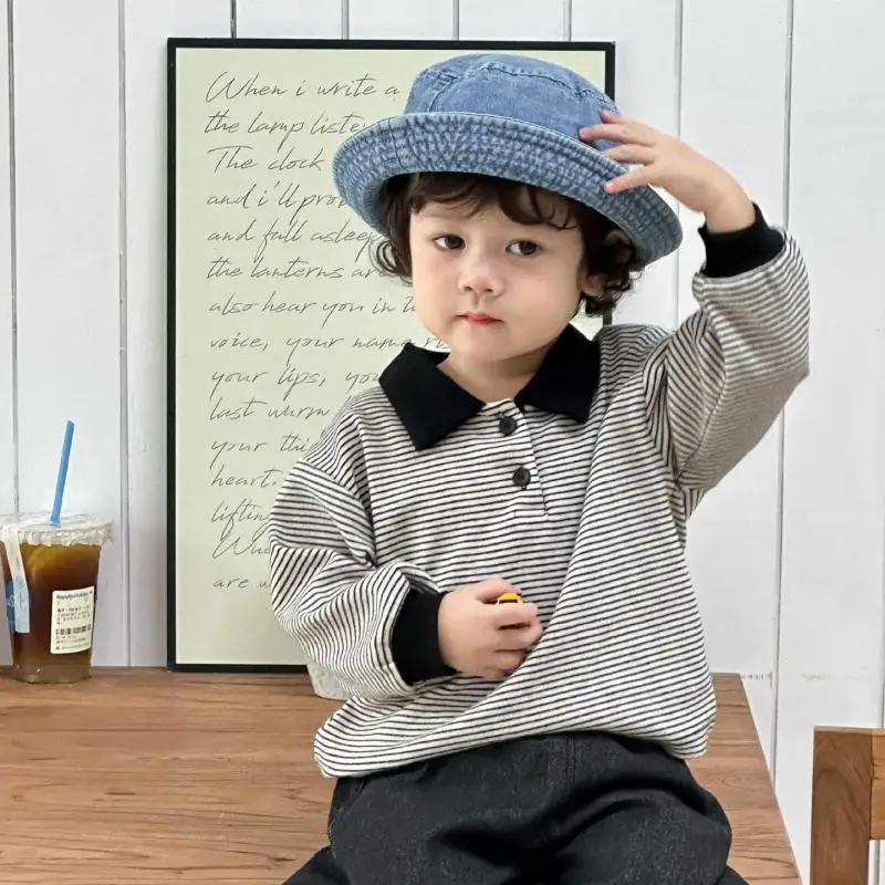 

2025 Autumn New Baby Long Sleeve Striped Sweatshirt Infant Cotton Pullover Boys Girls Lapel Tops Toddler Casual Sweatshirts