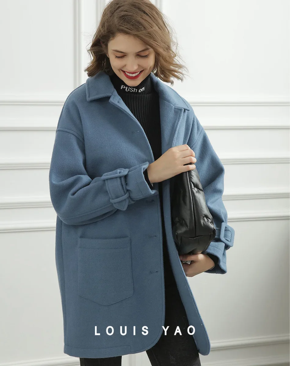 LOUIS YAO 2024 Small Collar Single Breasted Double Pocket Coat Loose Fitting Coat with Drop Shoulder Elegant Women\'s Woolen Coat