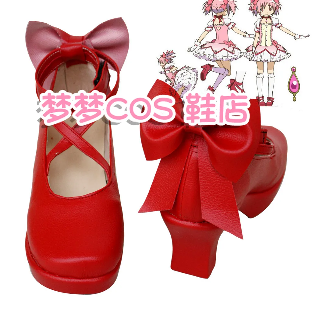 Chaussures de Cosplay Anime Puella Magi Madoka Magica Kaname Madoka, bottes courtes rouges en cuir PU à semelle plate pour Halloween et carnaval