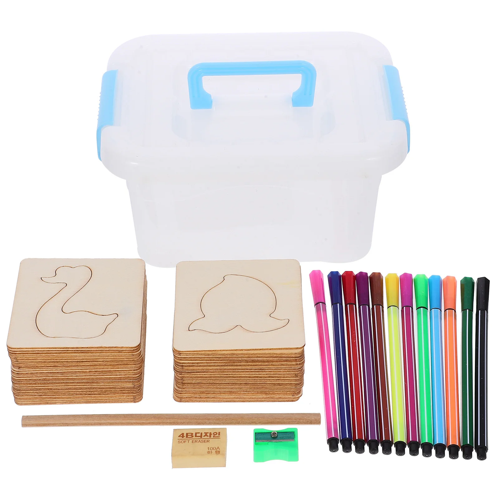 Conjunto de estêncil de desenho infantil de madeira, modelos de pintura, pré-escolar, faça você mesmo, conjunto de colorir com 12 canetas aquarela, caixa de armazenamento para criatividade