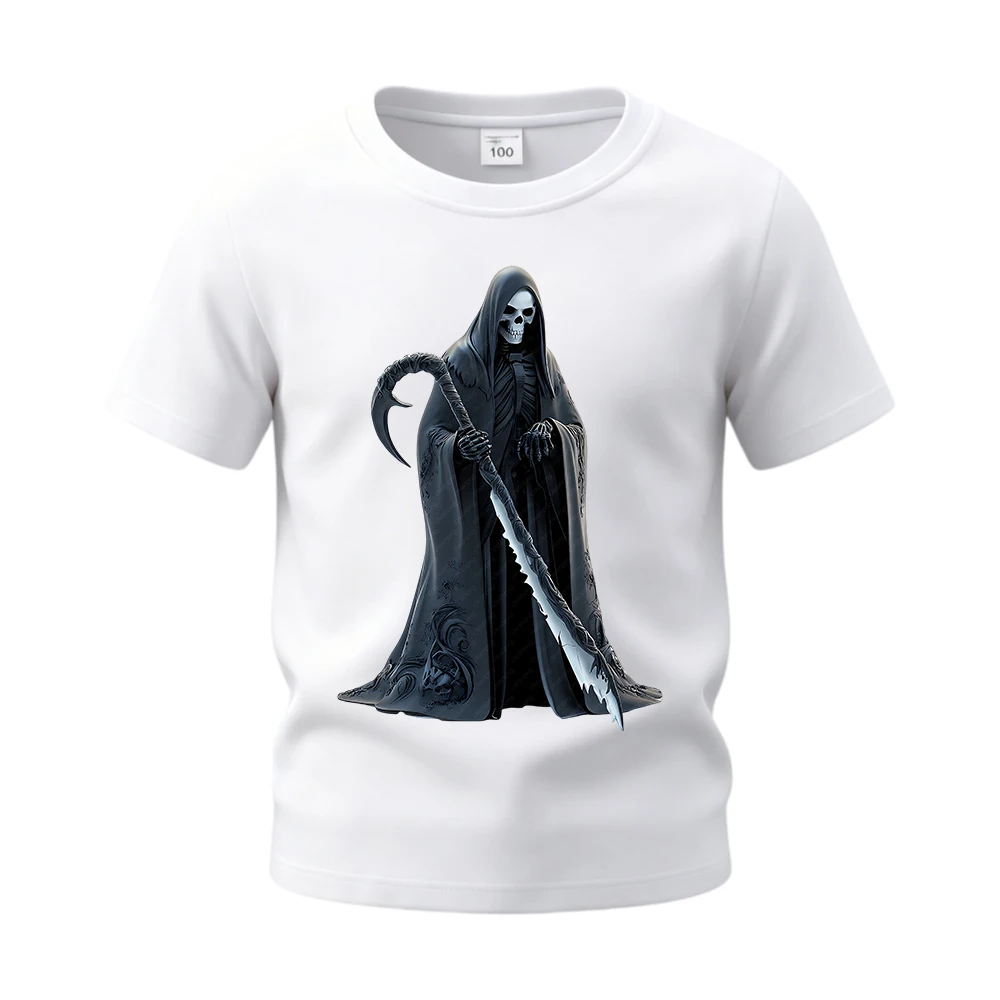 Grim Reaper with Scythe Kids Basic Casual Cotton Shirts Short Sleeve Halloween T‑Shirt Tops Tees for Boys Girls Children