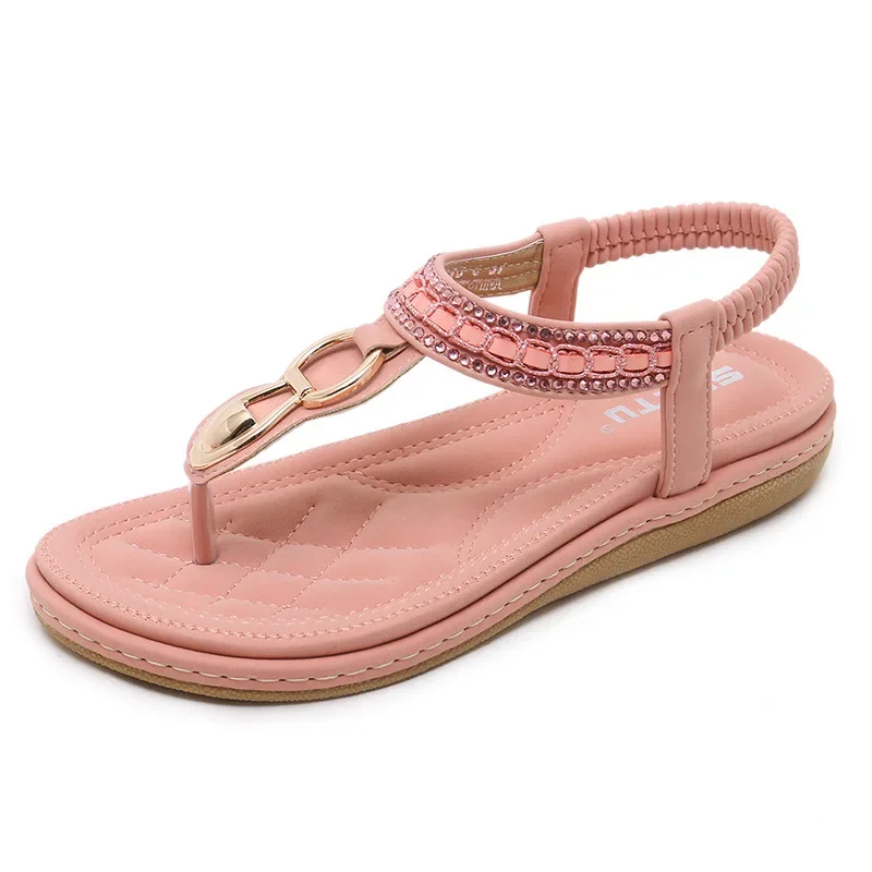 New women Bohemia Flat sandals shoes woman String Bead flip flop Metal Decoration beach sandals casual shoes size 35-42