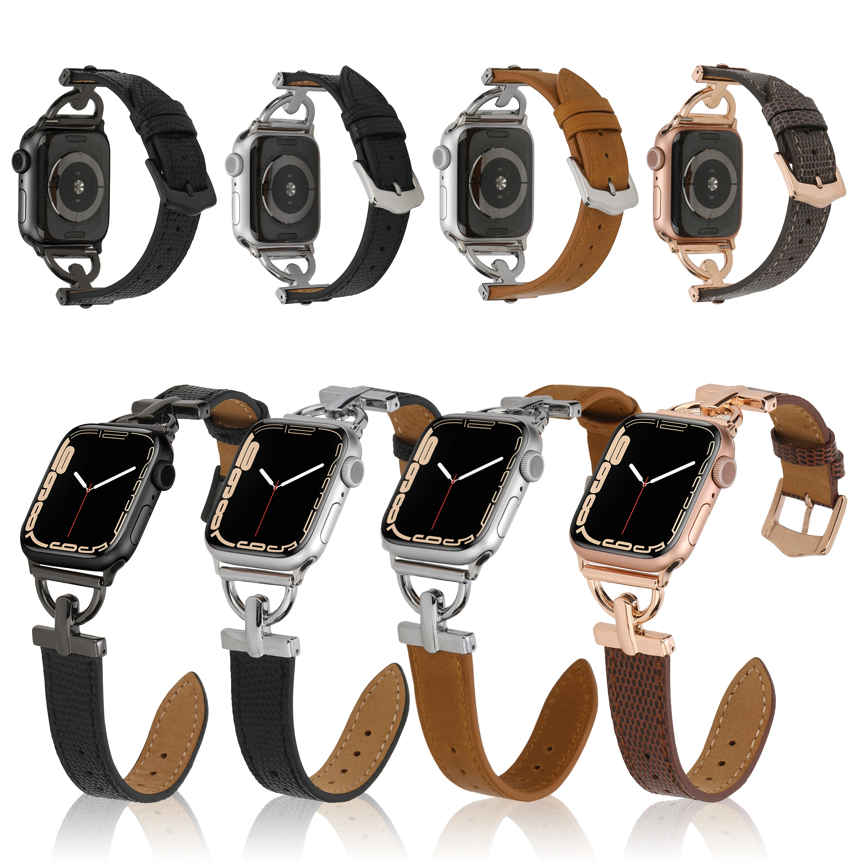 Pulseira Esportiva de Couro Lagarto de Metal, Fivela D, Pulseira Apple Watch 8, 7, 6, 5, 4, iWatch 8 Ultra, 49mm, 41mm, 45mm, 40mm, 42 milímetros, 38 milímetros