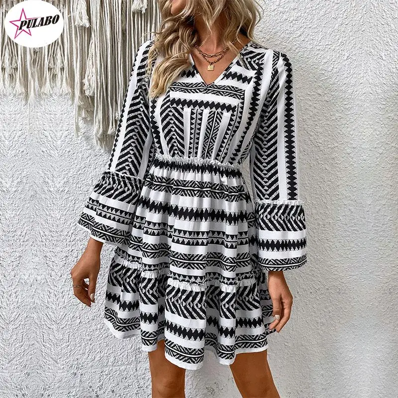 

PULABO New Fashion Holiday Long Sleeve Printed Mini Dress Vestido Feminino Dresses For Women 2024 Autumn Winter