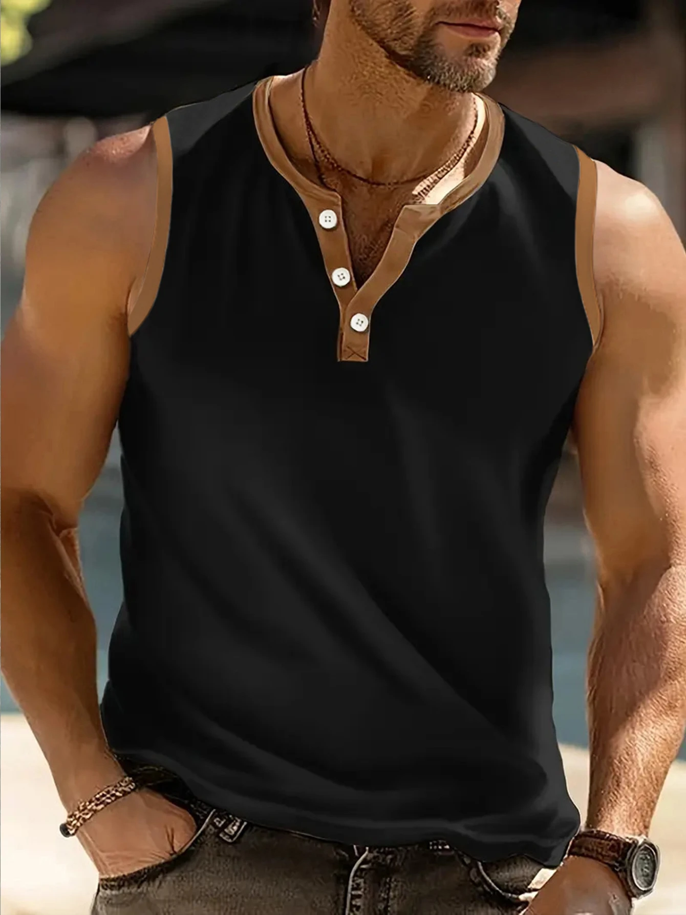 Men Contrast Trim Henley Tank Top Buttons Sleeveless Muscle Shirt Breathable Summer Casual Gym Beach Daily Wear Vest For Men