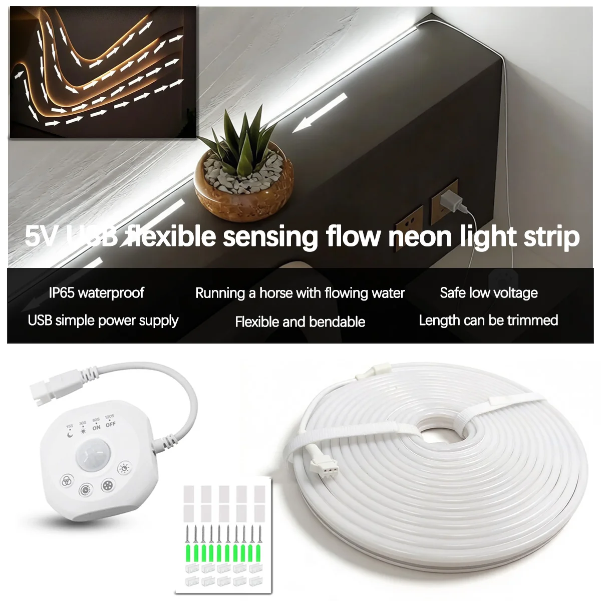 5V USB Flow Sensing Neon COB LED Strip Light 3000K/6500K Warm White & Cool White Flexible Cuttable Touchless Control Tape Light for Bedroom Closet Cabinet Shelf Wardrobe Kitchen Lighting