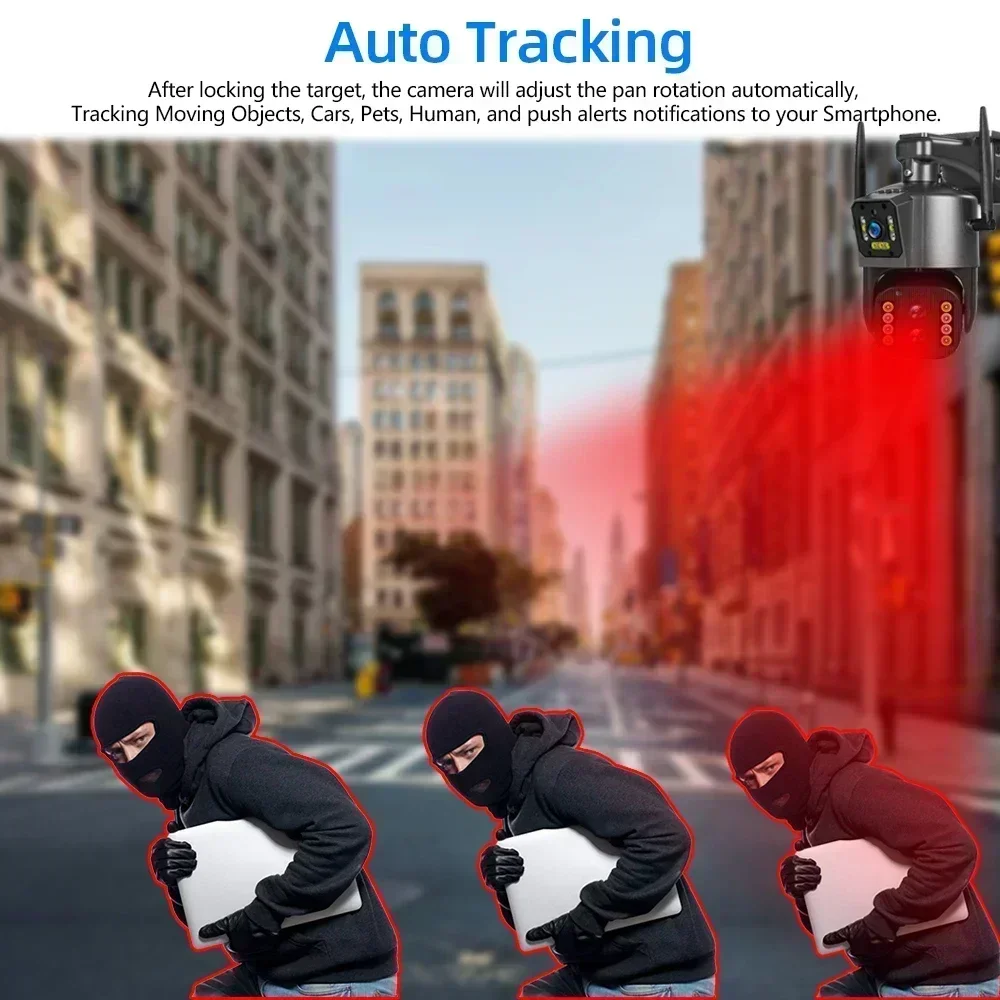 10X PTZ Zoom 12MP 6K WIFI IP Outdoor Camera Auto Motion Tracking PTZ 4K Video Camera Three Lens Three Screen Waterproof Security