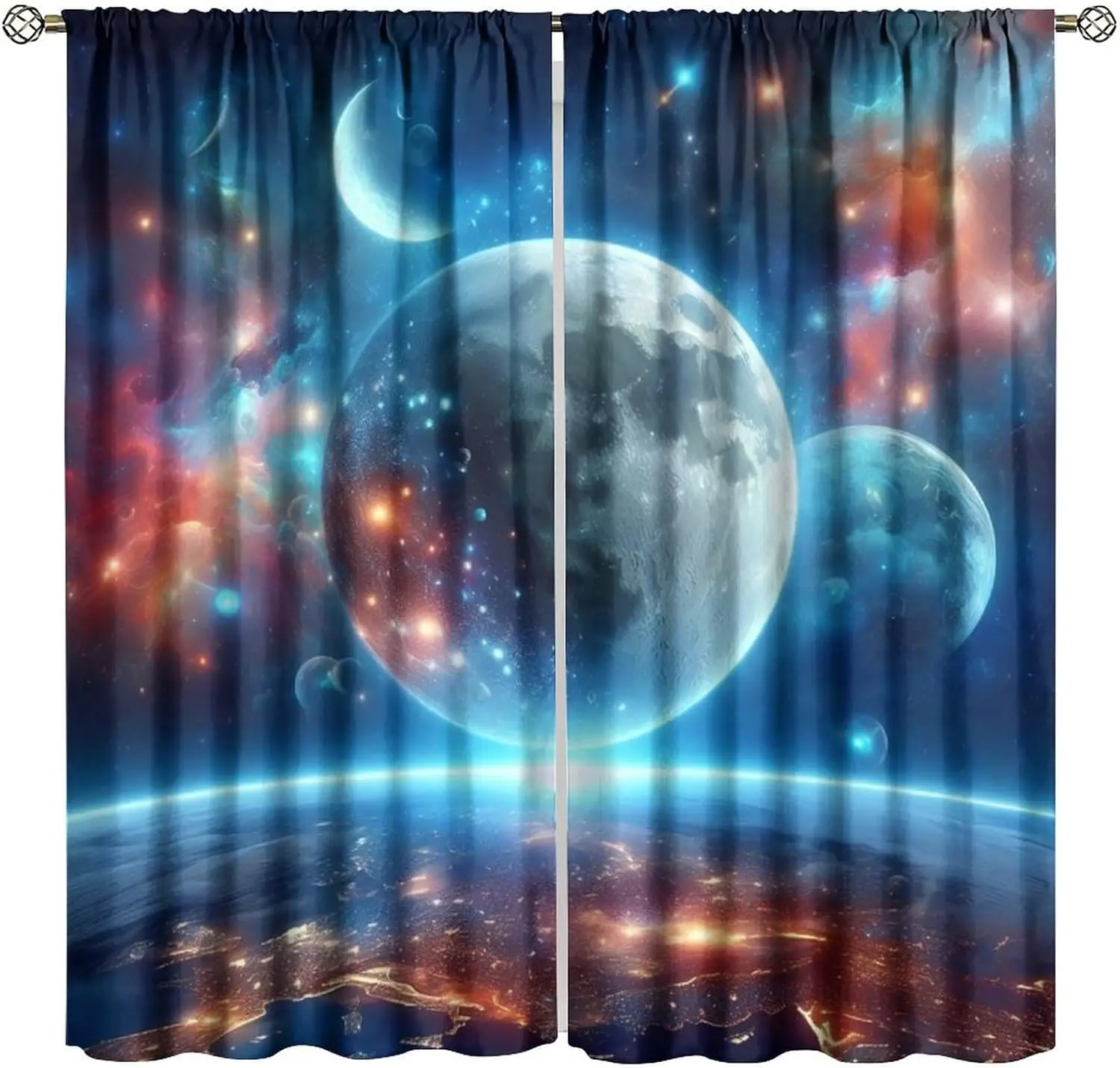 Galaxy Planet Curtains Earth Moon Outer Space Universe Nebula Stars Starry Sky Kids Blackout Window Drapes for Bedroom Living