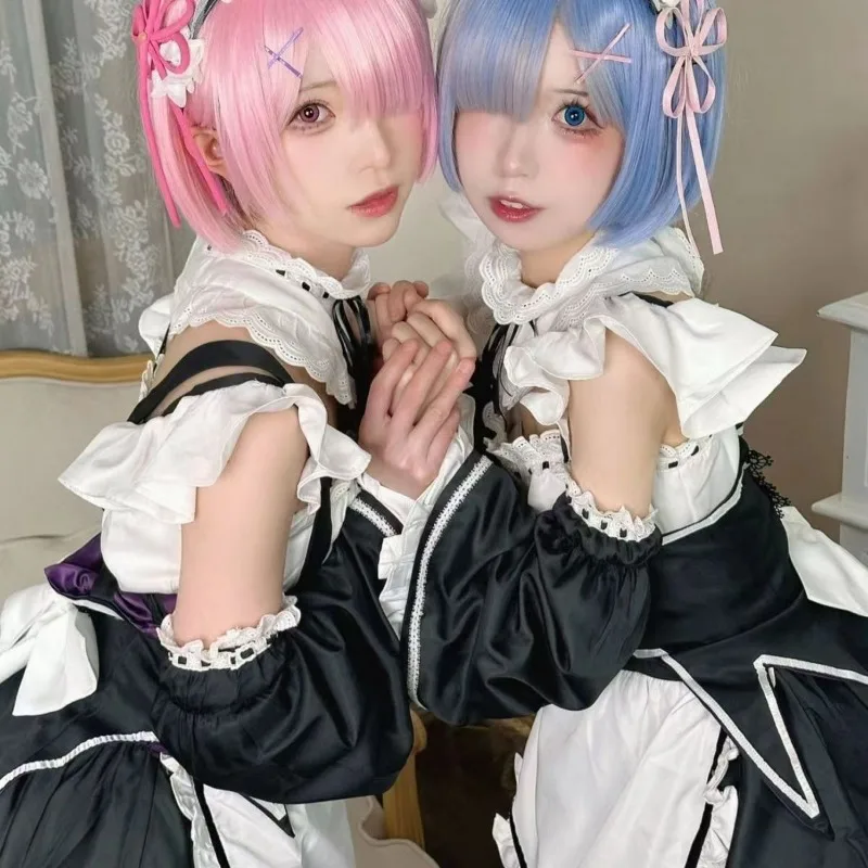 

Rem Ram Maid Uniform Suit Women Anime Cosplay Costume Wig Cute Dress Headwear Socks Set Halloween Party Carnival Role play