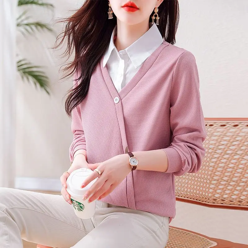 Spring Autumn Long Sleeve Patchwork Fake Two Piece Tops Polo Neck Contrast Loose Casual T Shirts Vintage Elegant Women Clothing