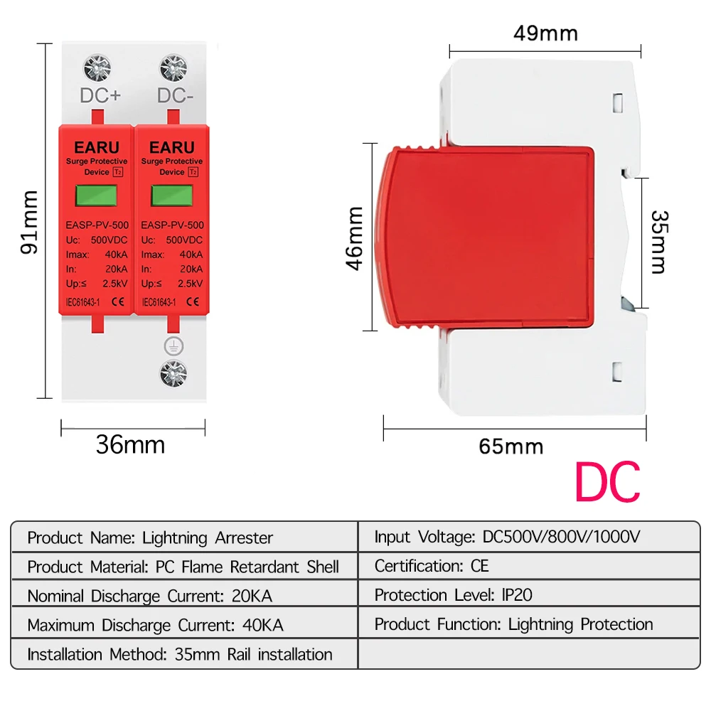 SPD DC 500V 800V 1000V 2P 20~40KA Lightning Surge Protection Protector Device Arrester Low Voltage House 2 Poles PV Photovoltaic