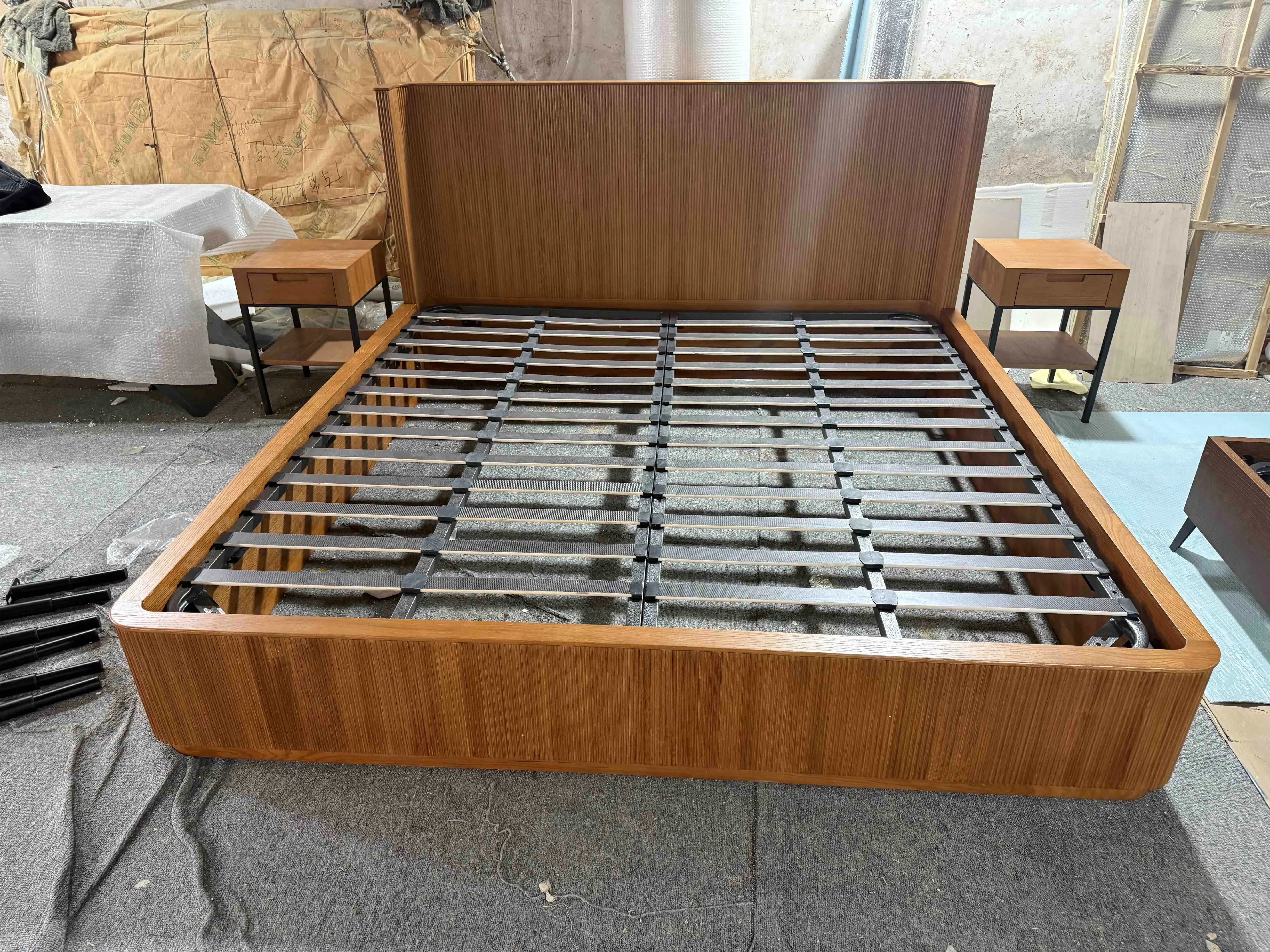 Modern design luxury hand carved panels, oak queen mattress bed frame