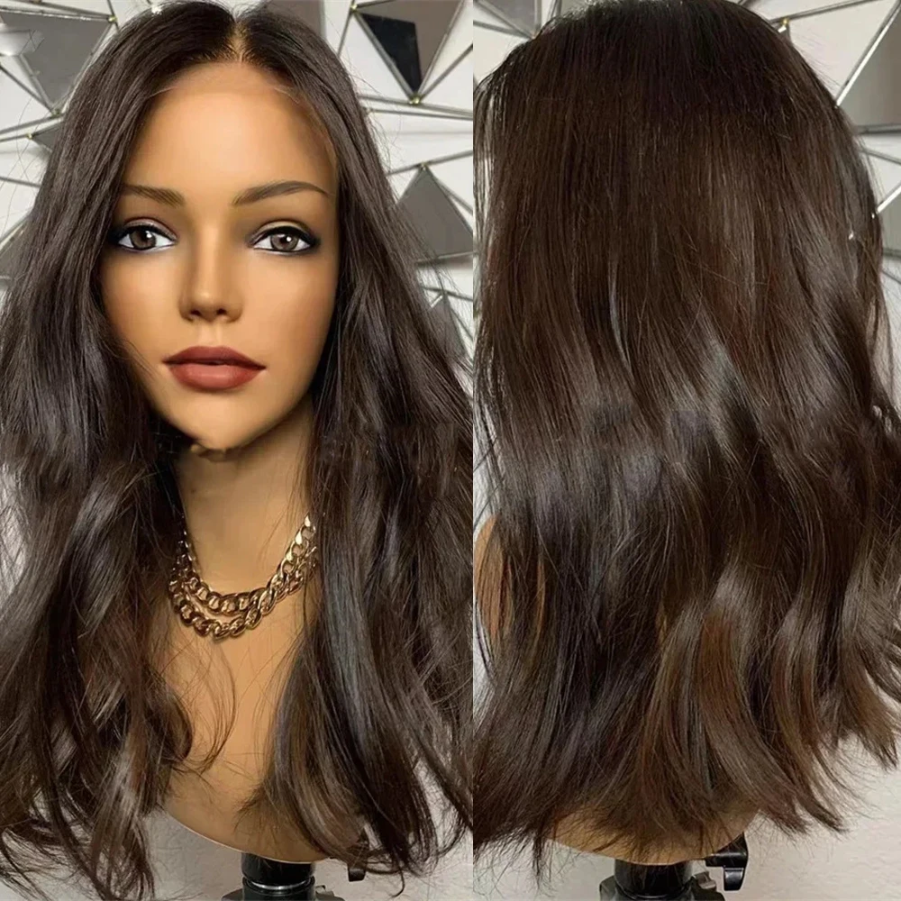 Glueless Soft Wavy Dark Brown Highlights Jewish Wig Syntheic Fibre HD Lace Front Wig Brunette Realistic Look Wig Women Daily Use