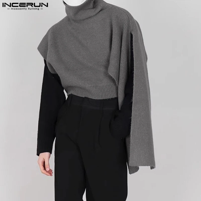 INCERUN Tops 2023 Korean Style Men\'s Cape Knitted High Necked Pullovers Stylish Irregular Cape Knitted Turtleneck Sweater S-5XL