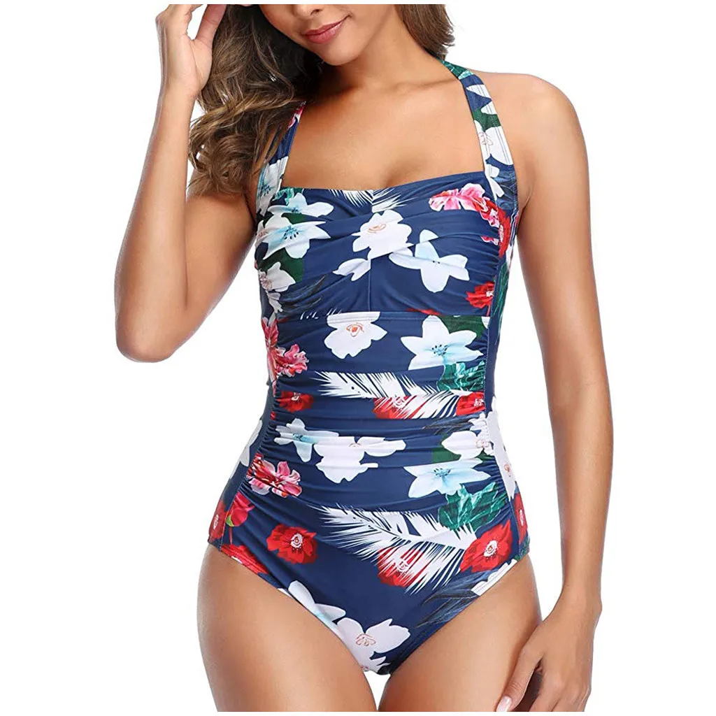 Women One Piece Push Up Padded Bikini Swimsuit Halter Leakage Back Slim Swimwear Summer Solid Beach Bathing Suit  Monokini