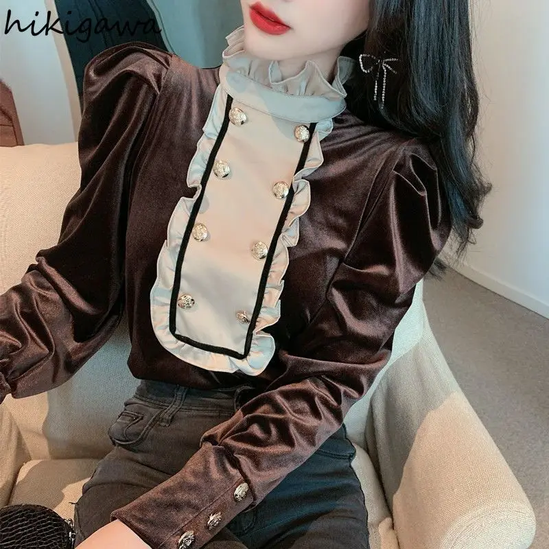 2024 Women Clothing Vintage Shirts Stand Neck Contrast Color Blouses Camisas De Mujer Double-breasted Stand Neck Velvet Tops