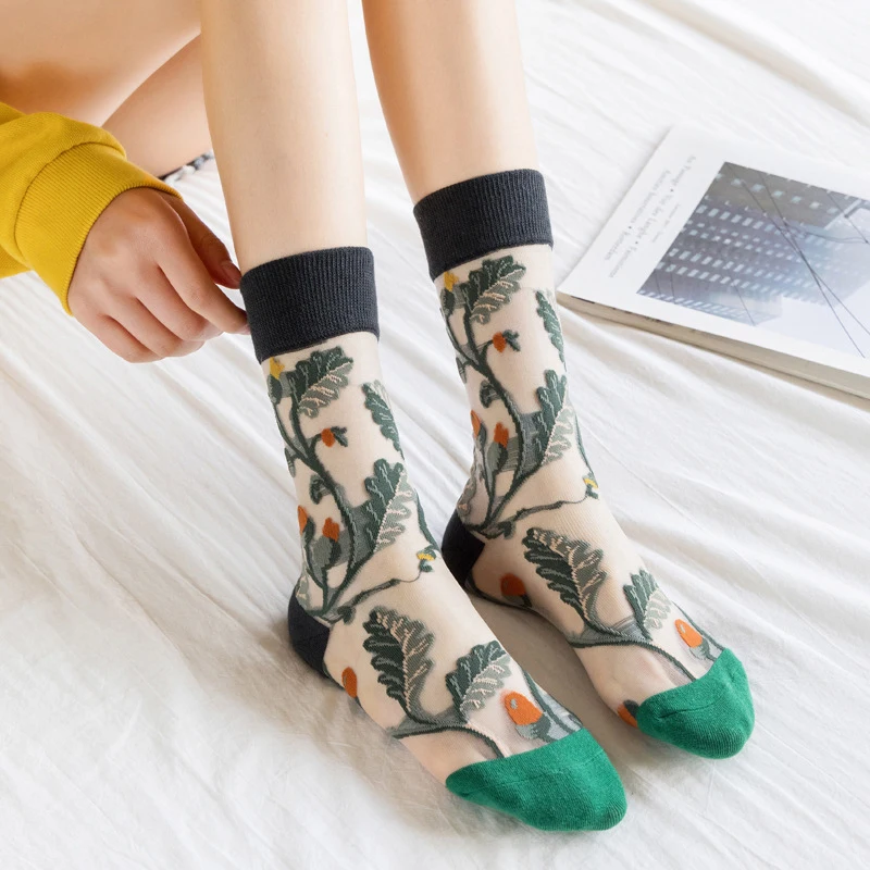

Women Ladies Summer Thin Breathable Flowers Birds Art Cat Animal Print Harajuku Long Cotton Transparent Crystal Glass Silk Socks