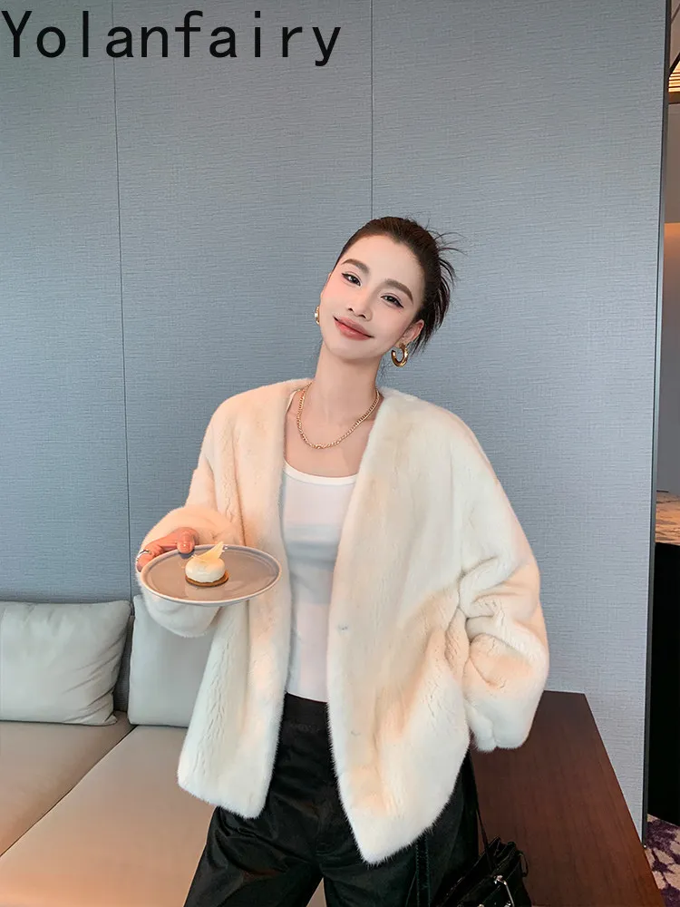 YOLANFAIRY Luxury 100% Real Fur Coat Woman Winter V-neck Elegant Velvet Whole Mink Natural Fur Jacket Simple Fashion Outerwear