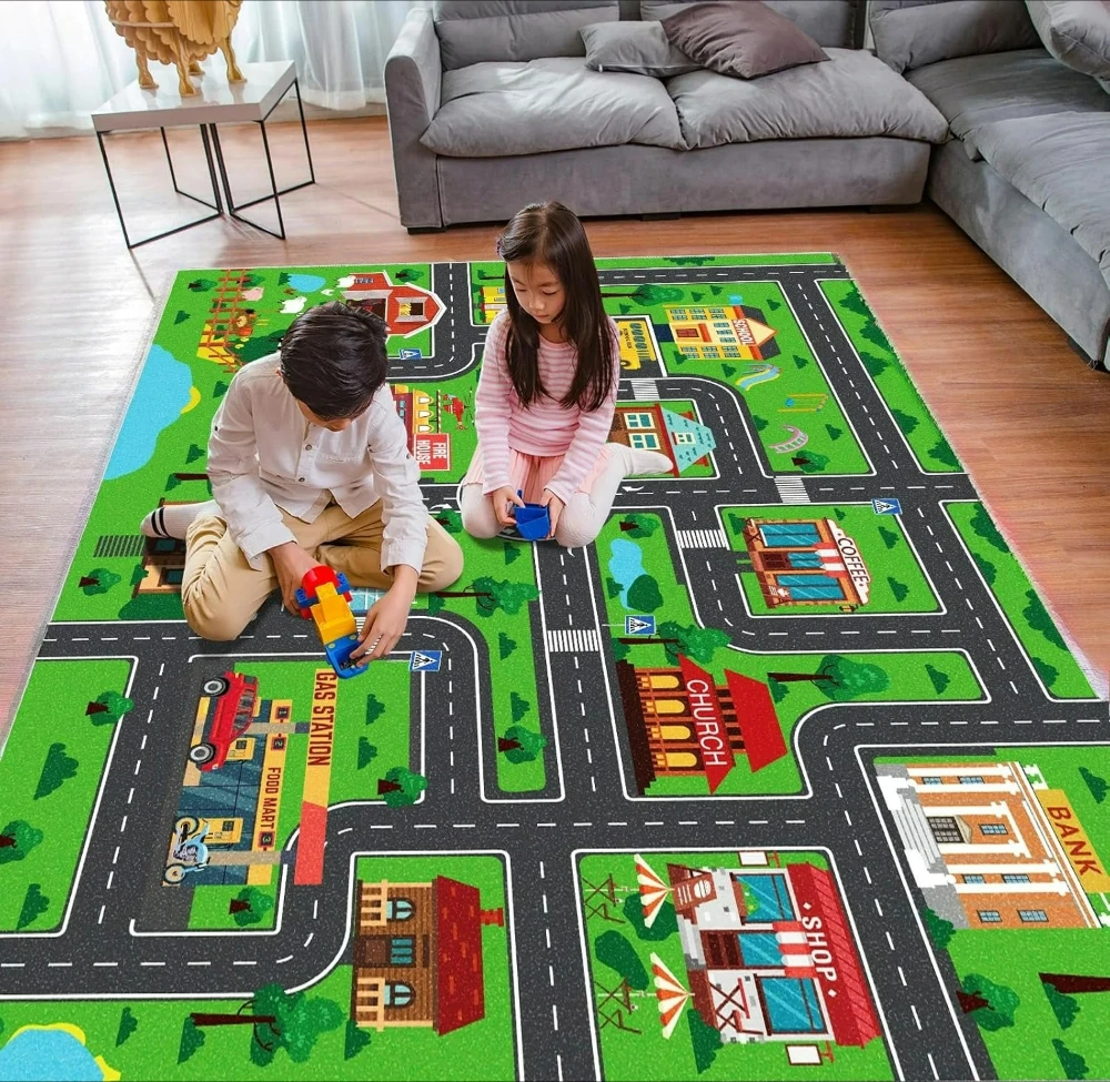 Playful City Traffic Route Carpet Rug Interactive Rug Living Room Bedroom Rug Kid Playmat Parent-child Activity Rug Gifts