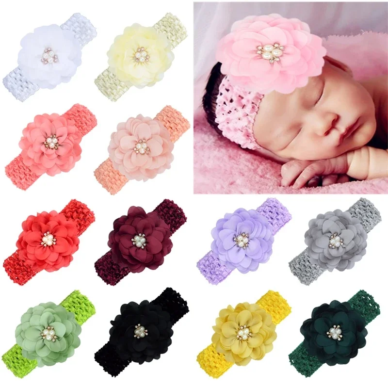 Shining Pearls Rhinestone Chiffon Flowers Toddler Hairband Solid Color Handmade Floral Knitting Headband Kids Hair Accessories