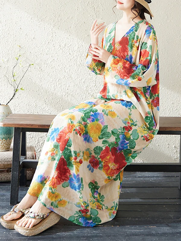 

Платье женское больших размеров, оригинальное, класса люкс, длинное, с V-образным вырезом, из тонкого хлопка и льна, с принтом, свободного кроя, стройнящее, весенняя коллекция Dr Ci Walk