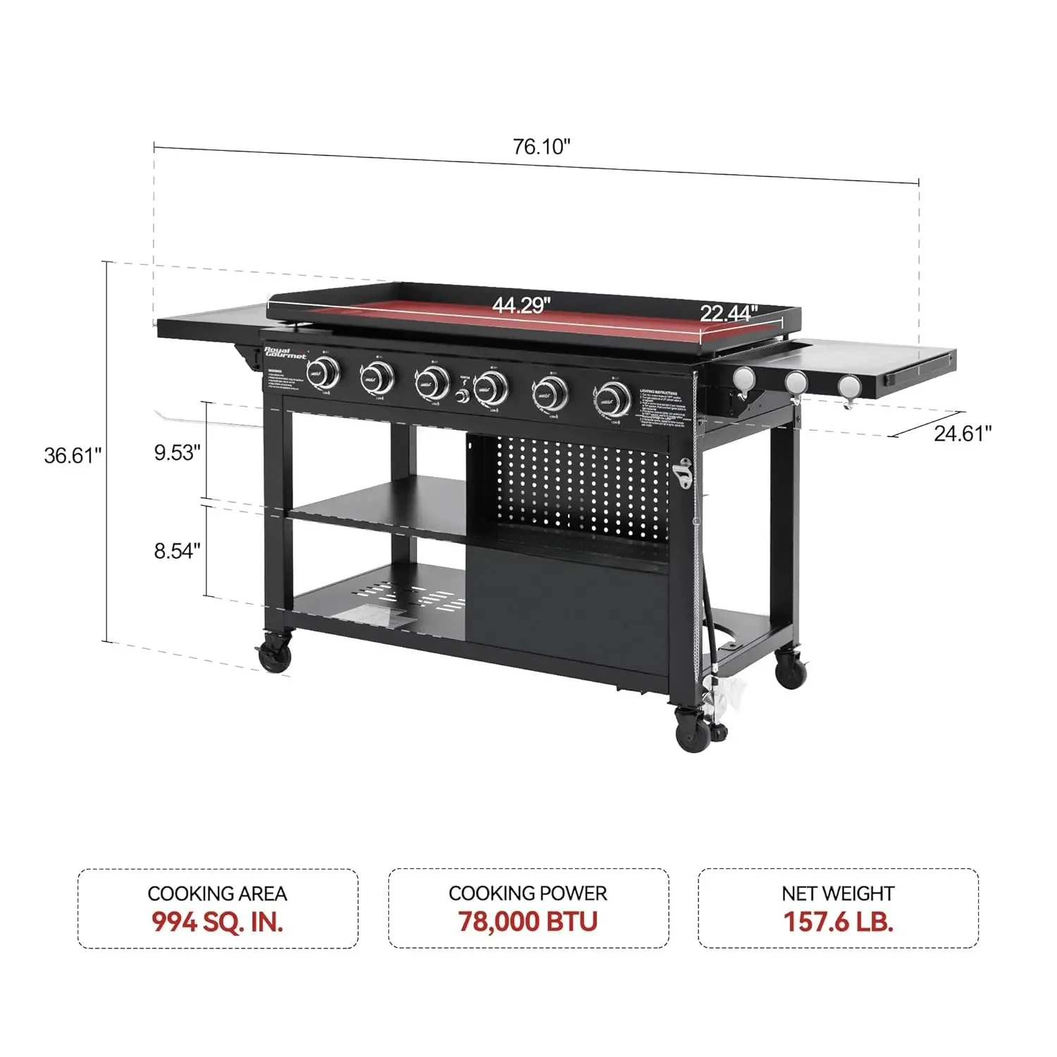 44 Inch 6 Burner Propane Gas Grill Griddle Foldable Side Tables Double Layer Bottom Outdoor Cooking Station