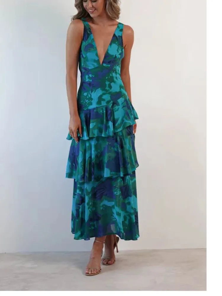 

Elegant Ruffled Long Dresses Sexy Deep V Neck Women Floral Print Boho Beach Vacation Casual Party Dress New Vestidos Para Mujer