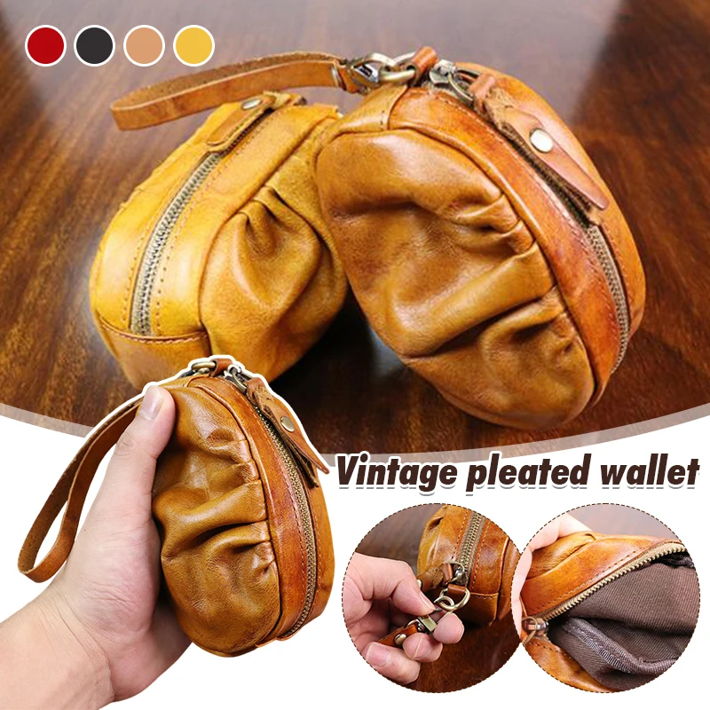 Cow Leather Mini Vintage Purse Coin Purse Card Bag Zipper Key Bag Personality Wrinkled Coin Purse for Men and Women 2024 New