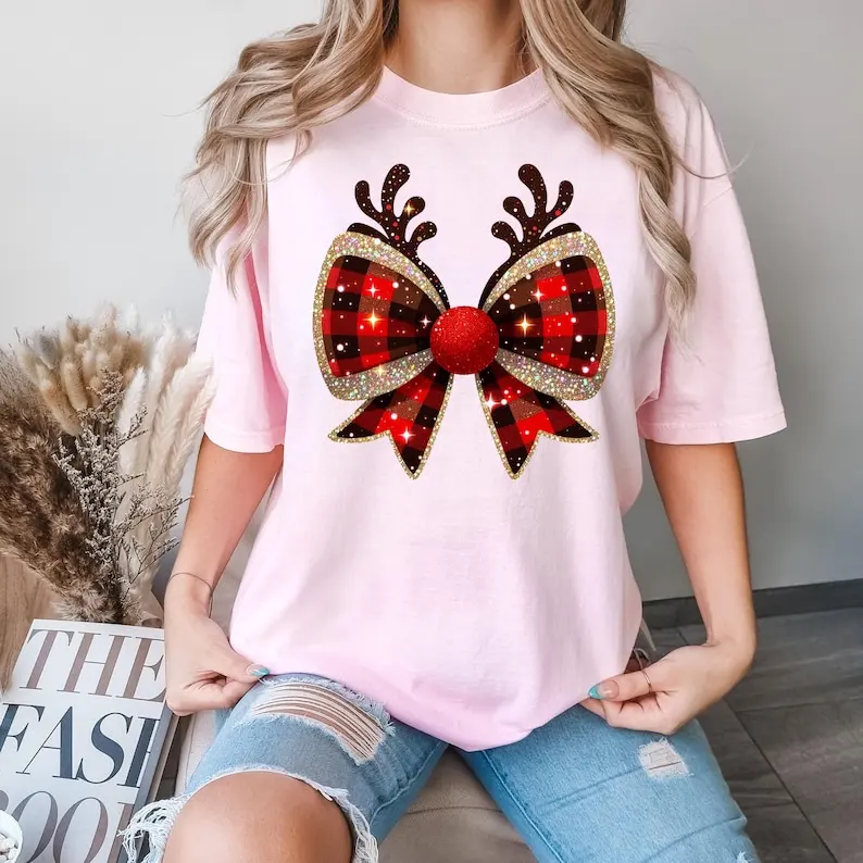 

Рождественская рубашка с оленями и бантом, милый рождественский бант, рождественский бант, рождественский подарок, подарок для женщин, эстетичная одежда