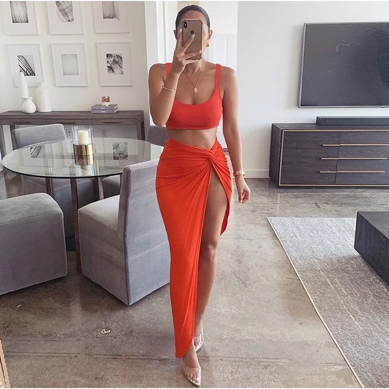 Women's Sling Strap Breast Medium Length Skirts Sets Summer Solid Color High Slit Skirt Two-piece Suit Female Sexy Party Outfits
