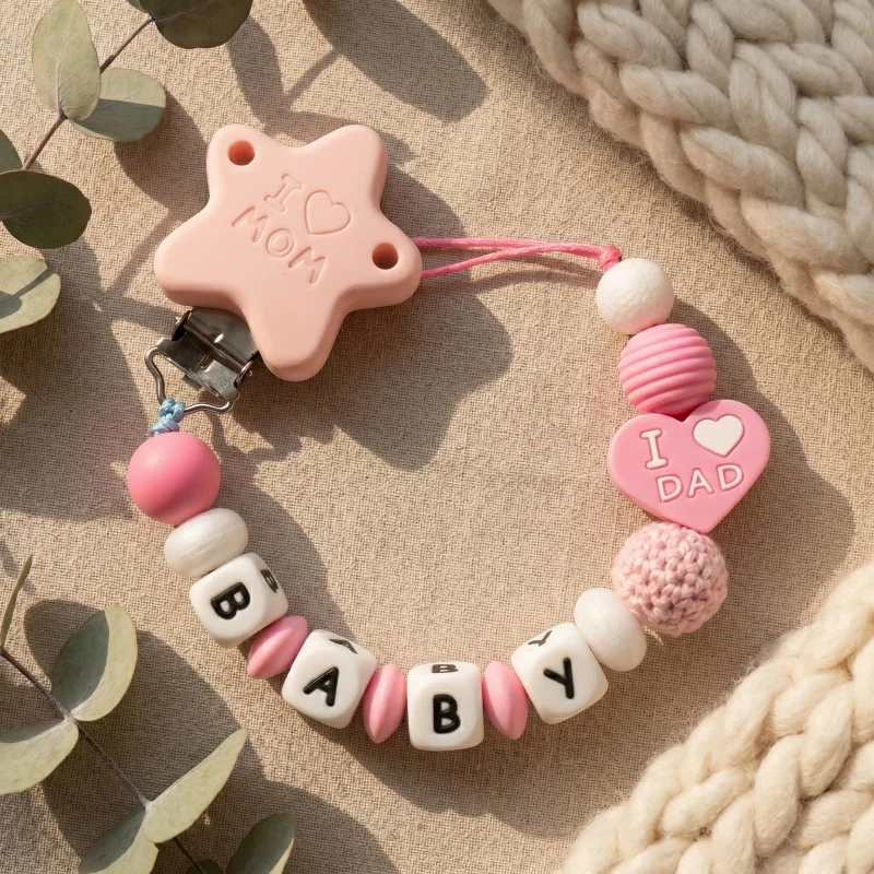 Personalized Baby Pacifier Clip Custom Name Dummy Chain Silicone Teether Holder BPA Free I Love Mom Newborn Shower Gift image 5