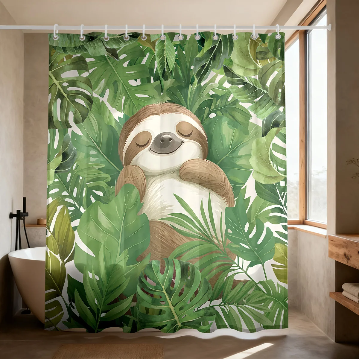 Adorable Happy Sleeping Sloth Surrounded By Fresh Tropical Jungle Green Foliage Illustration Bath curtain, Cozy Soft Warm