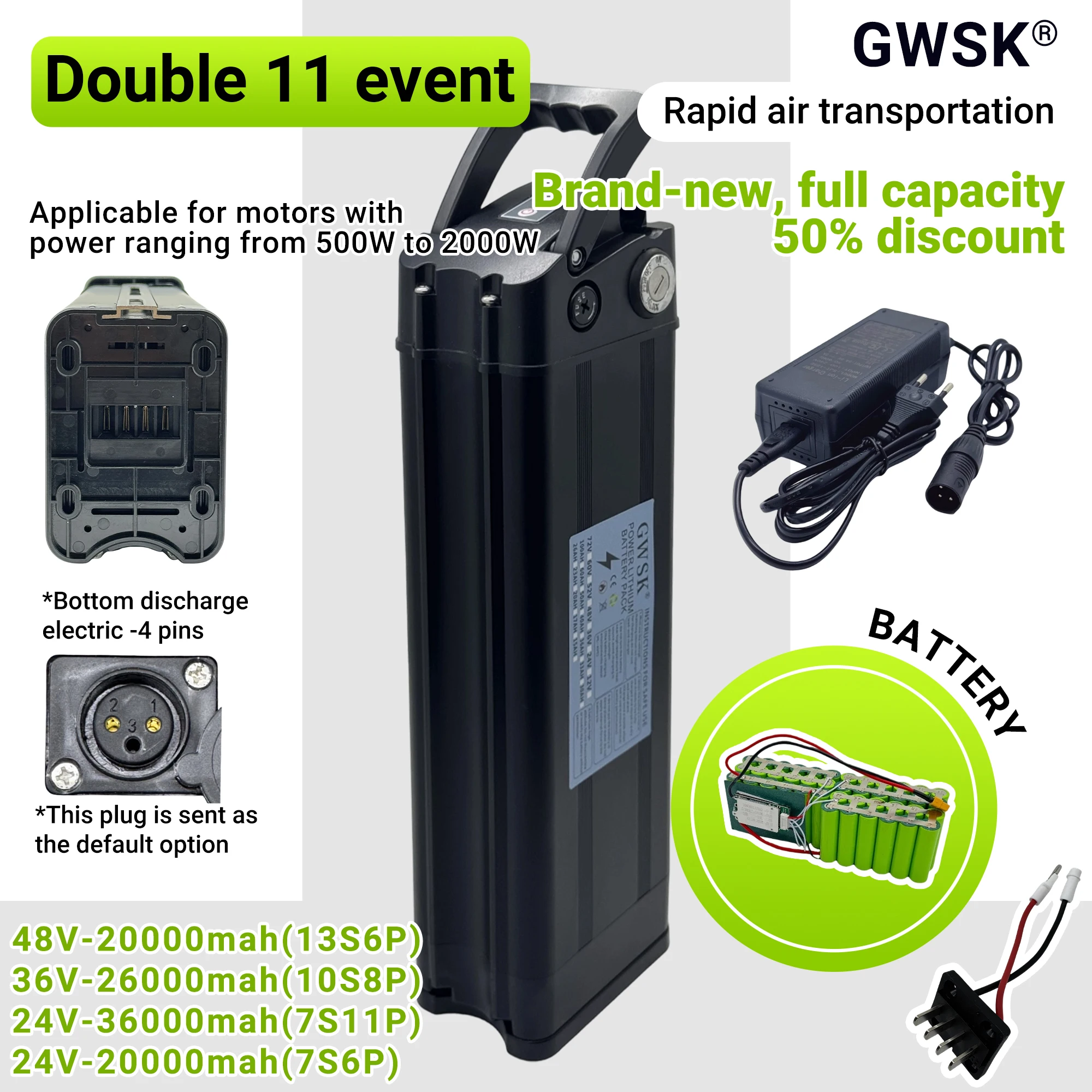 

Air transportation, power assisted vehicle lithium battery 48V36V24V, 20AH-50AH 100% real capacity, 4-pin bottom discharge