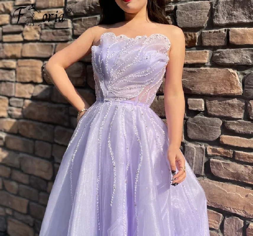 Luxe kralen lila Dubai avondjurk strapless organza geschulpte Arabische vrouw formele prom jurken voor bruiloft vestidos