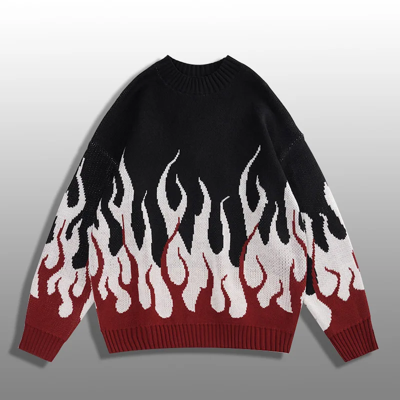 2023 autumn new American street tide personality flame yarn-dyed round neck loose sweater men\'s fashion sweater