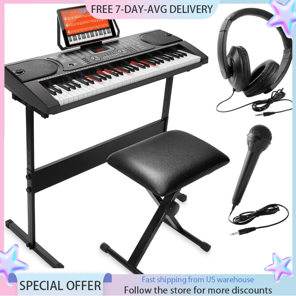 61-Key Electronic Keyboard Portable Digital Music Piano with Lighted Keys, H-Stand, Stool, Headphones, Microphone, Piano Set