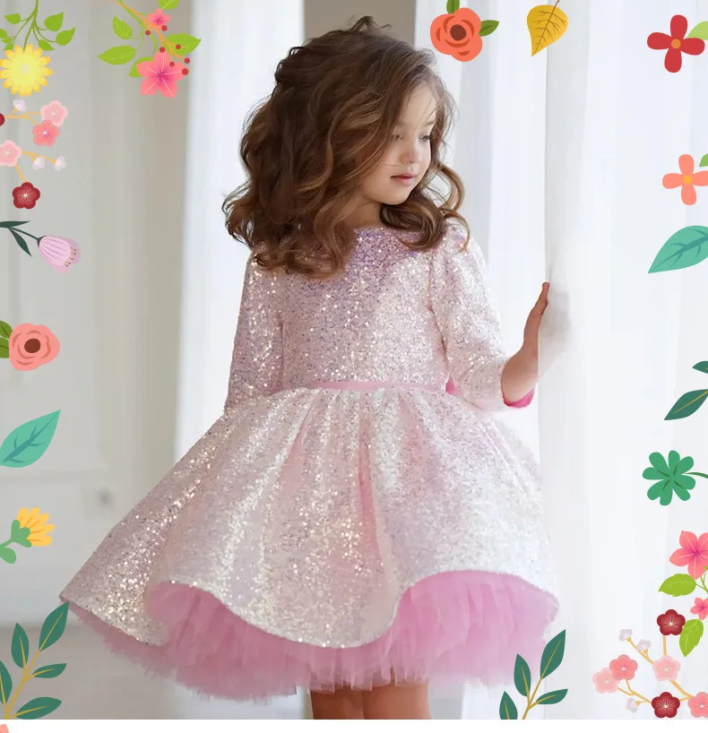 فستان رسمي لعيد الميلاد للأطفال - فستان الأميرة الأنيق من التول بأكمام طويلة مع ترتر وردي أحمر الخدود مع فيونكة