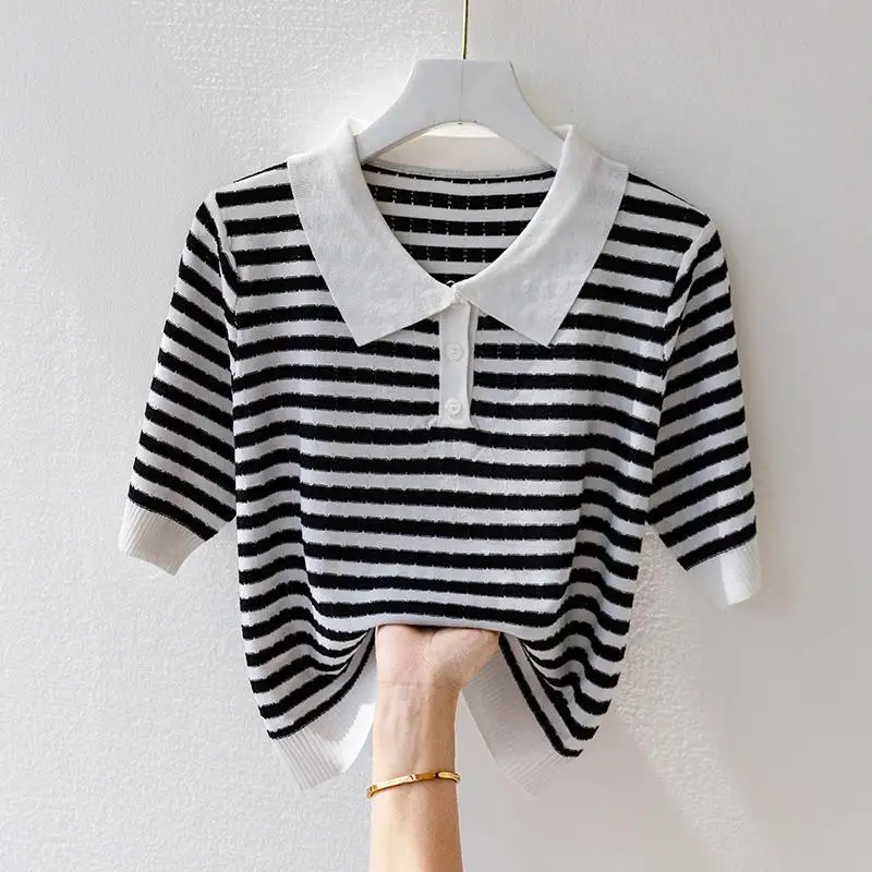 Ice Silk Mid-sleeved Women's Sweater Summer Short Striped Lapel Fashionable High-end Shirt Polo Shirt T-shirt Top