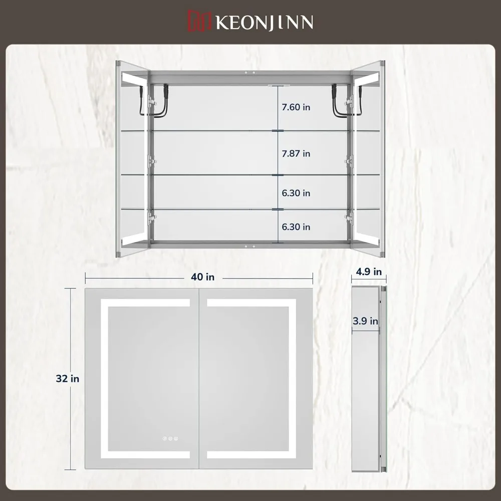 Mirrored Cabinet with Lights, Frontlit Light and Electrical Outlet Anti-Fog 3 Colors Temperature, 40x32 In Bathroom Vanity