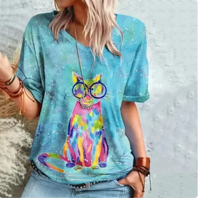 Creative Cute Cat T-shirt Summer Women's 3D Digital Printing European and American Cross border Leisure T-shirt Manufacturer Who